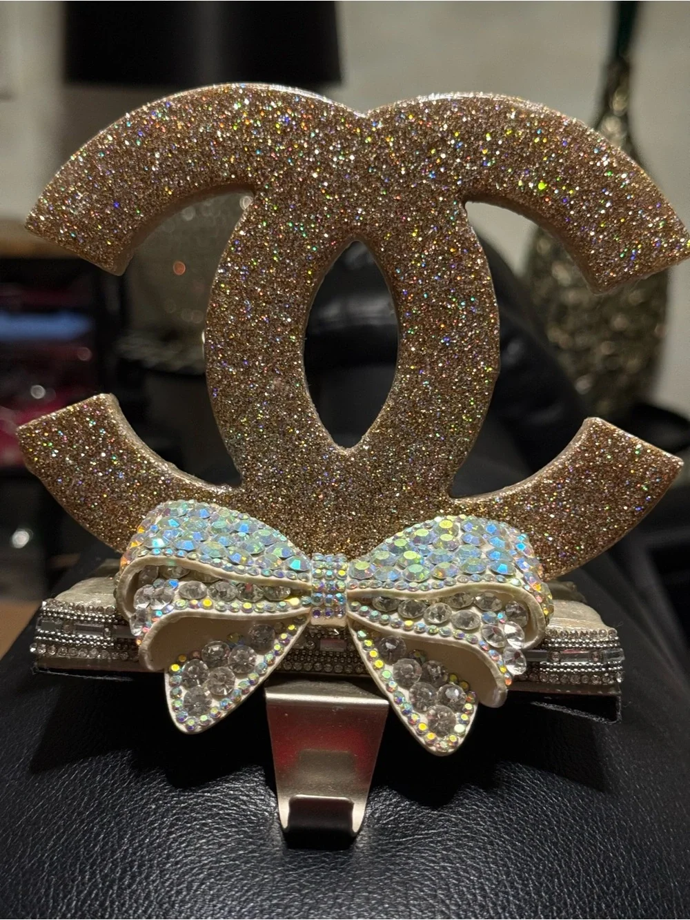 Glitter Rhinestone Bow Christmas Stocking Holder Glam Mantel Decor Handmade